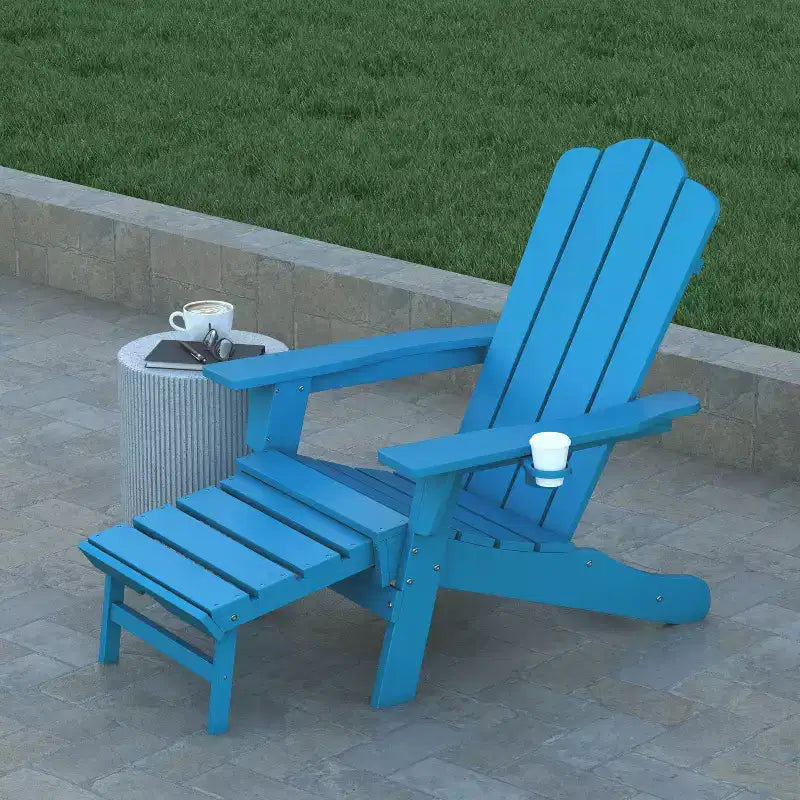 Set di 2 sedie Adirondack Emma e Oliver con portabicchieri e pouf estraibile, sedie a sdraio per interni/esterni in HDPE per tutte le stagioni