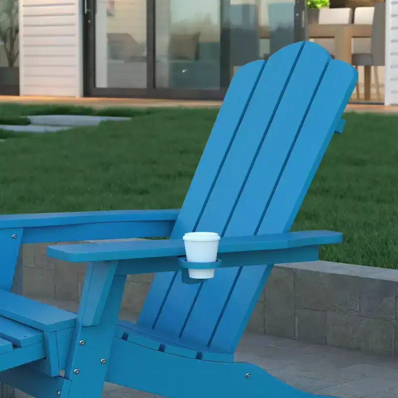 Set di 2 sedie Adirondack Emma e Oliver con portabicchieri e pouf estraibile, sedie a sdraio per interni/esterni in HDPE per tutte le stagioni
