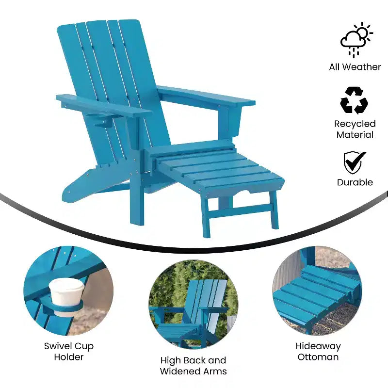 Set di 2 sedie Adirondack Emma e Oliver con portabicchieri e pouf estraibile, sedie a sdraio per interni/esterni in HDPE per tutte le stagioni
