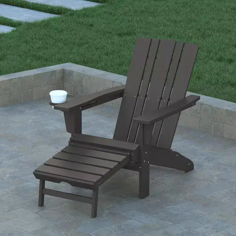 Set di 2 sedie Adirondack Emma e Oliver con portabicchieri e pouf estraibile, sedie a sdraio per interni/esterni in HDPE per tutte le stagioni