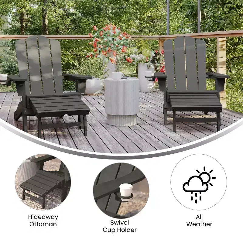 Set di 2 sedie Adirondack Emma e Oliver con portabicchieri e pouf estraibile, sedie a sdraio per interni/esterni in HDPE per tutte le stagioni