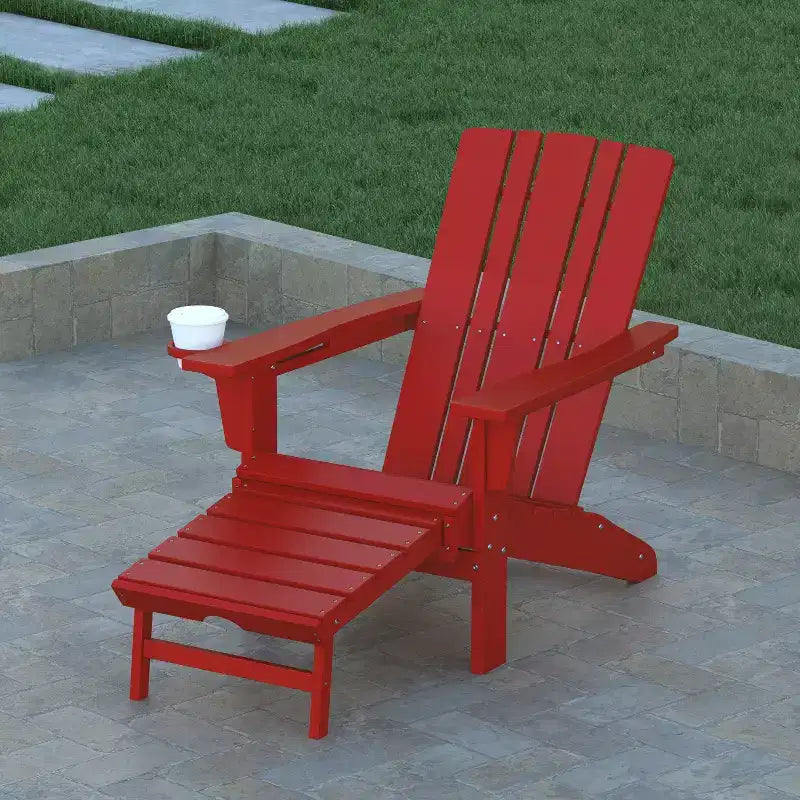 Set di 2 sedie Adirondack Emma e Oliver con portabicchieri e pouf estraibile, sedie a sdraio per interni/esterni in HDPE per tutte le stagioni