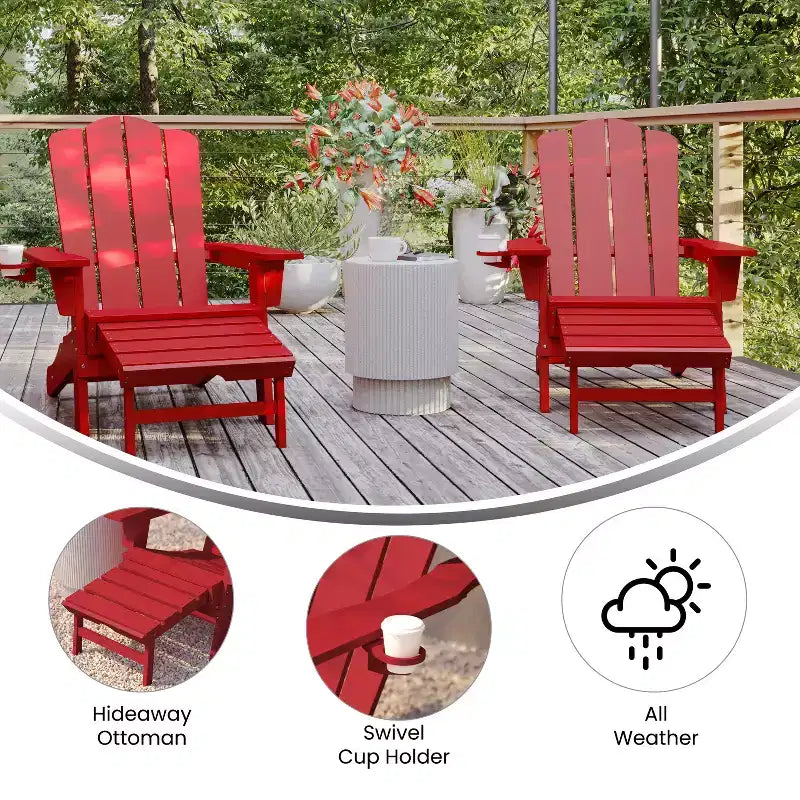 Set di 2 sedie Adirondack Emma e Oliver con portabicchieri e pouf estraibile, sedie a sdraio per interni/esterni in HDPE per tutte le stagioni