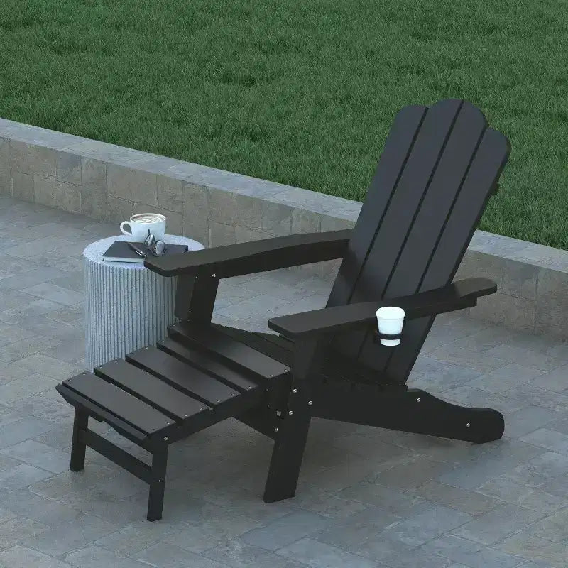 Set di 2 sedie Adirondack Emma e Oliver con portabicchieri e pouf estraibile, sedie a sdraio per interni/esterni in HDPE per tutte le stagioni