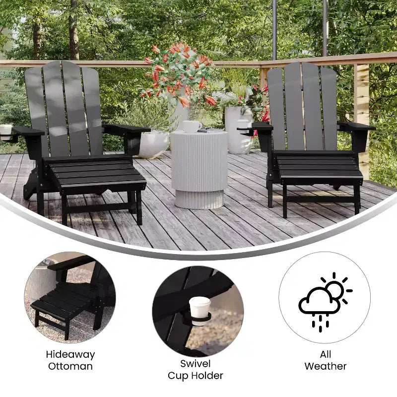 Set di 2 sedie Adirondack Emma e Oliver con portabicchieri e pouf estraibile, sedie a sdraio per interni/esterni in HDPE per tutte le stagioni