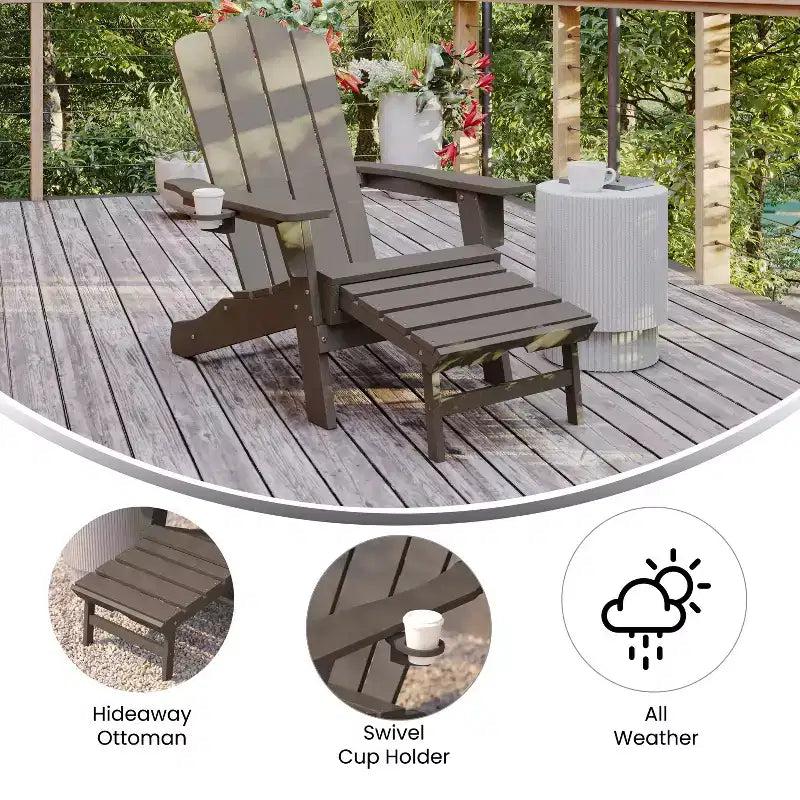 Sedia Adirondack Merrick Lane con portabicchieri e pouf estraibile, sedia a sdraio per interni/esterni in HDPE resistente a tutte le intemperie