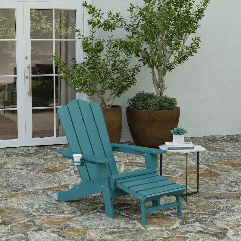 Sedia Adirondack Merrick Lane con portabicchieri e pouf estraibile, sedia a sdraio per interni/esterni in HDPE resistente a tutte le intemperie