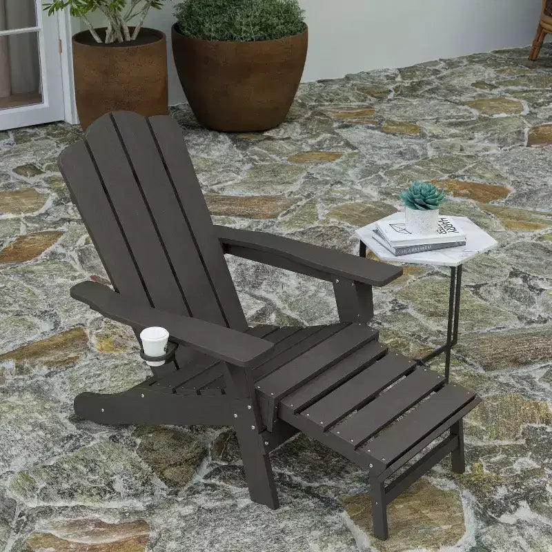 Sedia Adirondack Merrick Lane con portabicchieri e pouf estraibile, sedia a sdraio per interni/esterni in HDPE resistente a tutte le intemperie