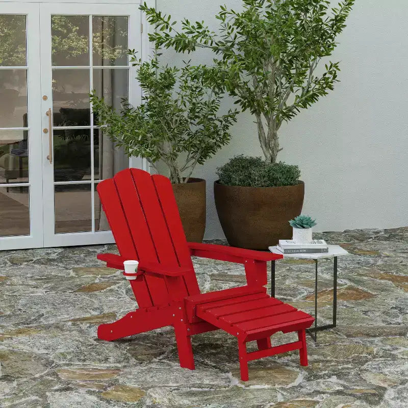 Sedia Adirondack Merrick Lane con portabicchieri e pouf estraibile, sedia a sdraio per interni/esterni in HDPE resistente a tutte le intemperie