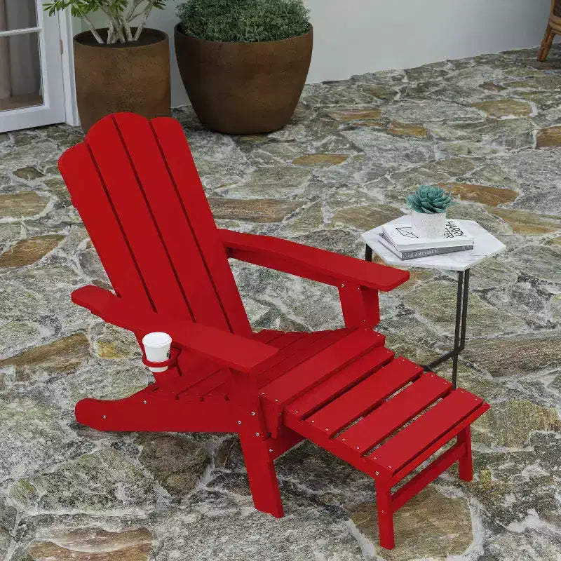 Sedia Adirondack Merrick Lane con portabicchieri e pouf estraibile, sedia a sdraio per interni/esterni in HDPE resistente a tutte le intemperie
