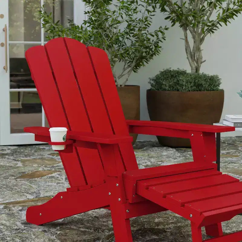 Sedia Adirondack Merrick Lane con portabicchieri e pouf estraibile, sedia a sdraio per interni/esterni in HDPE resistente a tutte le intemperie