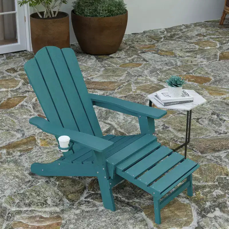 Sedia Adirondack Merrick Lane con portabicchieri e pouf estraibile, sedia a sdraio per interni/esterni in HDPE resistente a tutte le intemperie