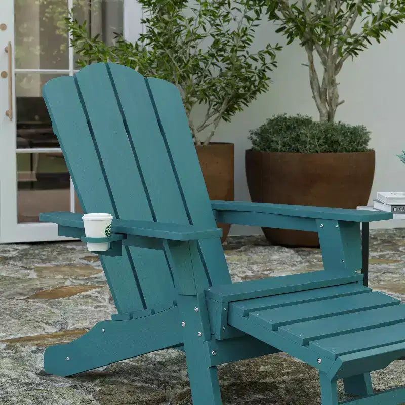 Sedia Adirondack Merrick Lane con portabicchieri e pouf estraibile, sedia a sdraio per interni/esterni in HDPE resistente a tutte le intemperie