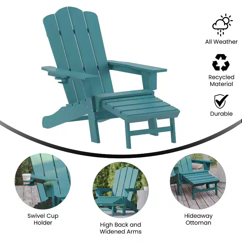 Sedia Adirondack Merrick Lane con portabicchieri e pouf estraibile, sedia a sdraio per interni/esterni in HDPE resistente a tutte le intemperie