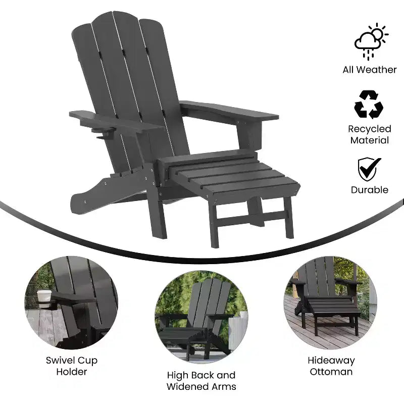 Sedia Adirondack Emma and Oliver con portabicchiere e pouf estraibile, sedia a sdraio per interni/esterni in HDPE per tutte le stagioni