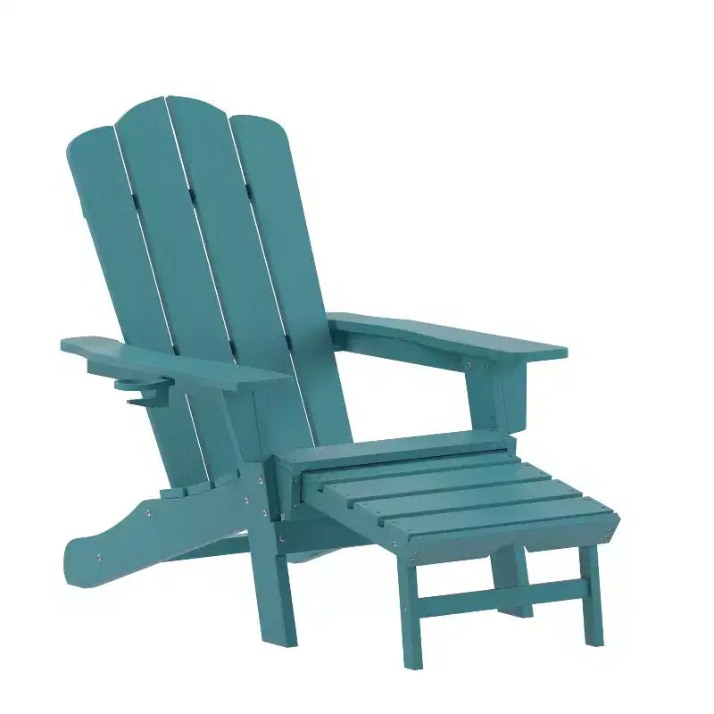 Sedia Adirondack Emma and Oliver con portabicchiere e pouf estraibile, sedia a sdraio per interni/esterni in HDPE per tutte le stagioni