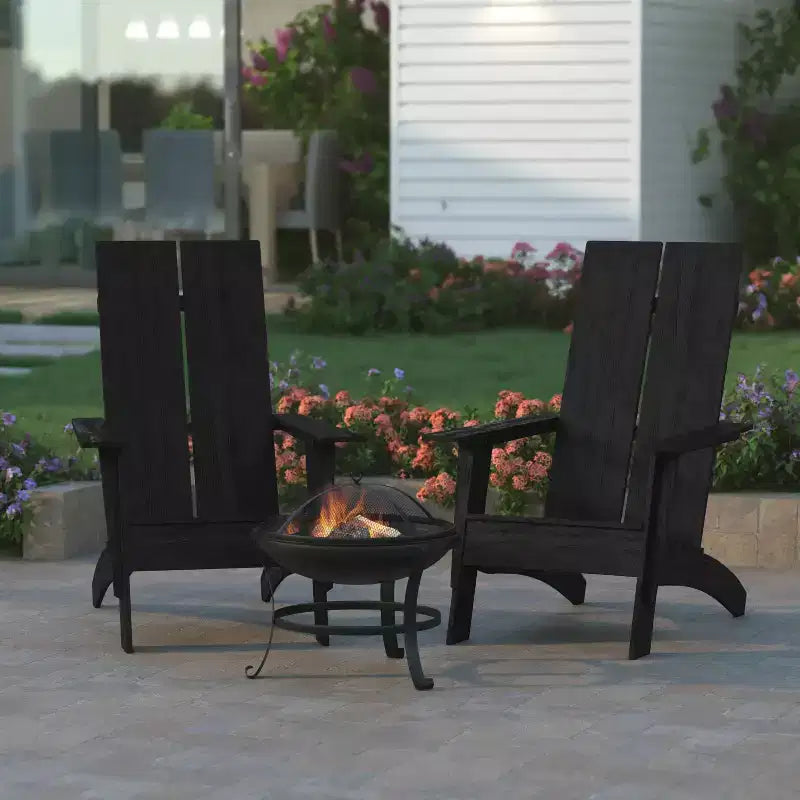 Emma and Oliver Set of 2 Modern All-Weather Poly Resin Adirondack Rocking Chairs with a Wood Burning Fire Pit for Outdoor Use