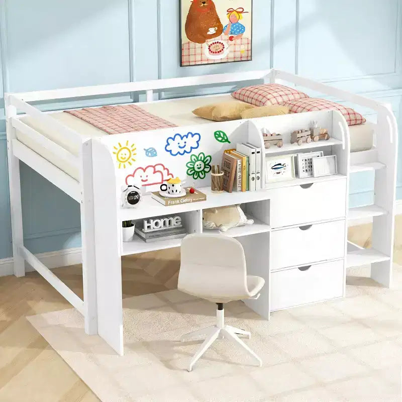 Pink/White Low Loft Bed with Desk, Storage & Whiteboard ?C Twin, 1-Person