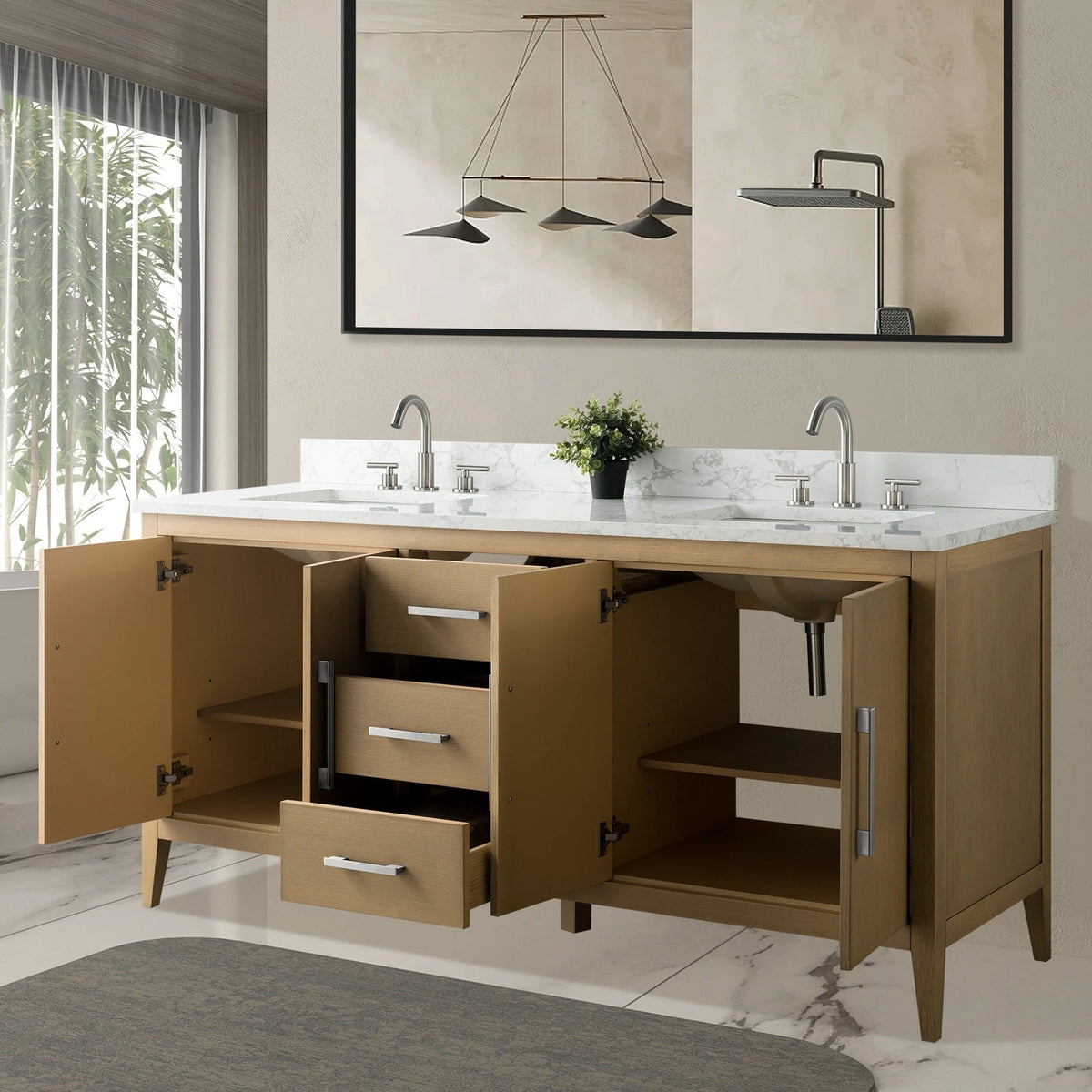Vanity Art 72 Double Sink Bathroom Vanity Cabinet with Engineered Marble Top
