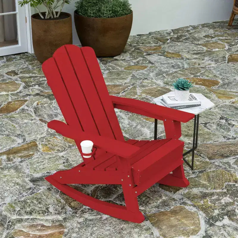 Merrick Lane Sedia a dondolo Adirondack con portabicchieri, sedia da interni/esterni in HDPE per tutte le stagioni