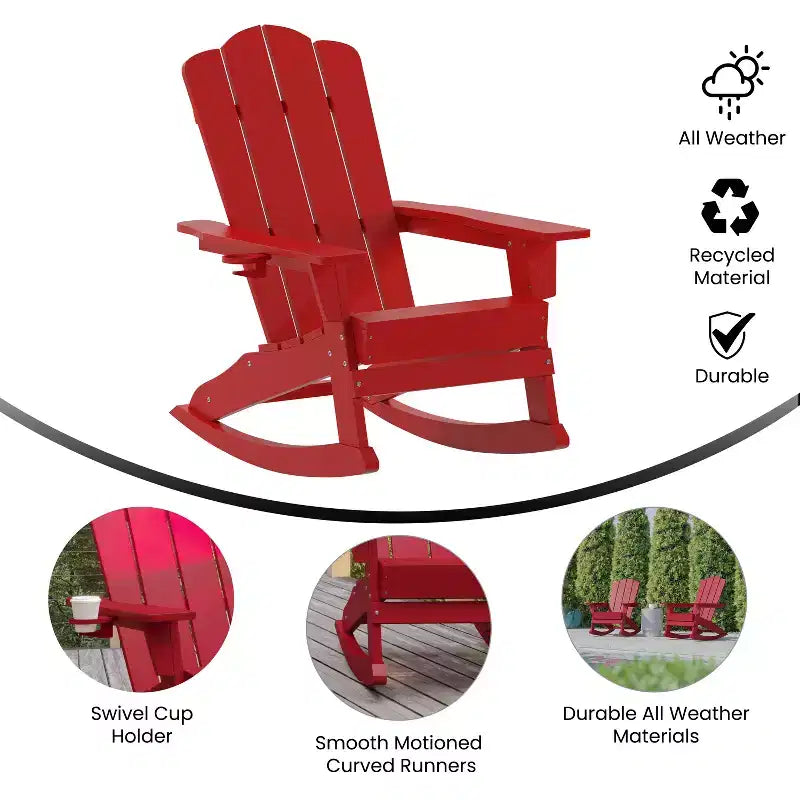 Merrick Lane Sedia a dondolo Adirondack con portabicchieri, sedia da interni/esterni in HDPE per tutte le stagioni