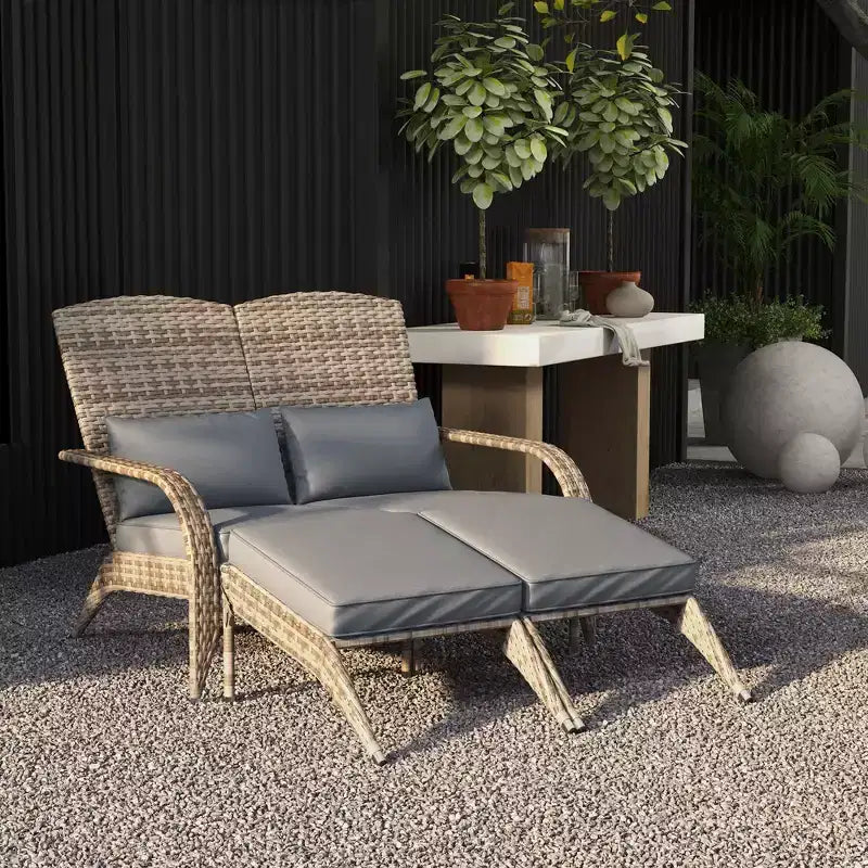 Fauteuil Adirondack en osier Outsunny pour 2 avec coussins et repose-pieds, fauteuil de foyer en rotin PE pour 2 avec dossier haut et accoudoirs larges