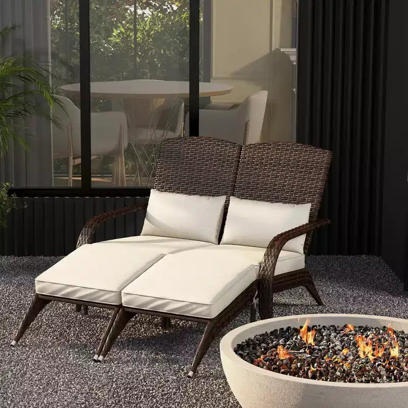 Fauteuil Adirondack en osier Outsunny pour 2 avec coussins et repose-pieds, fauteuil de foyer en rotin PE pour 2 avec dossier haut et accoudoirs larges