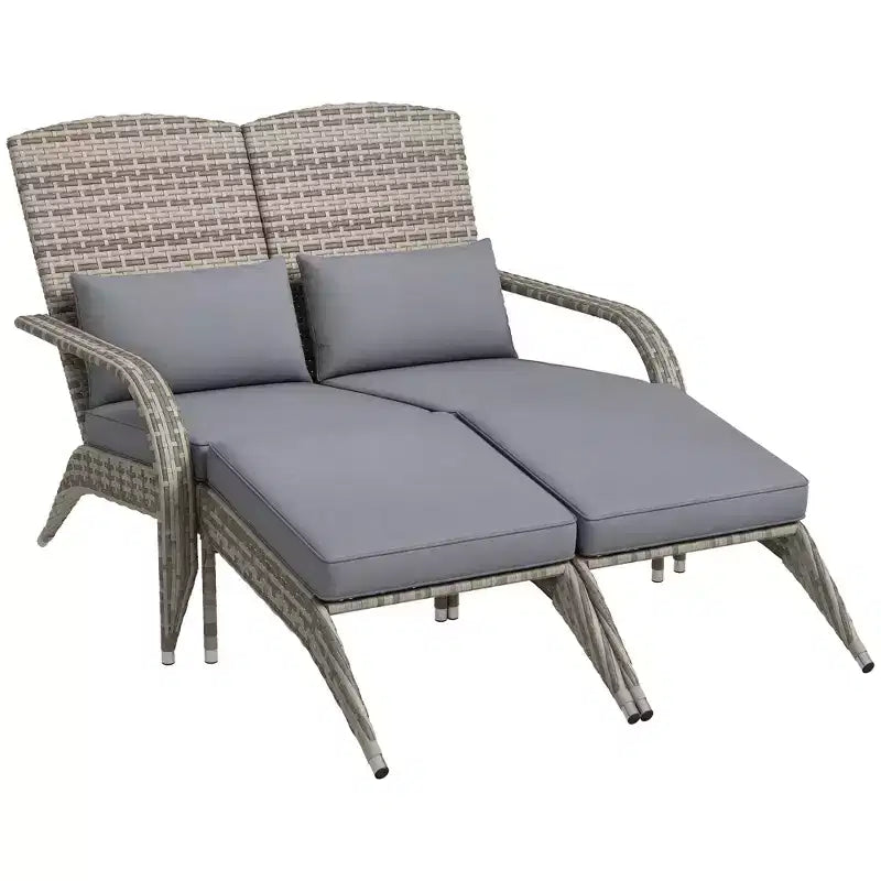 Outsunny Wicker Adirondack Chair for 2 with Cushions & Footrests, PE Rattan Fire Pit Chair for 2with High-back, Wide Armrests