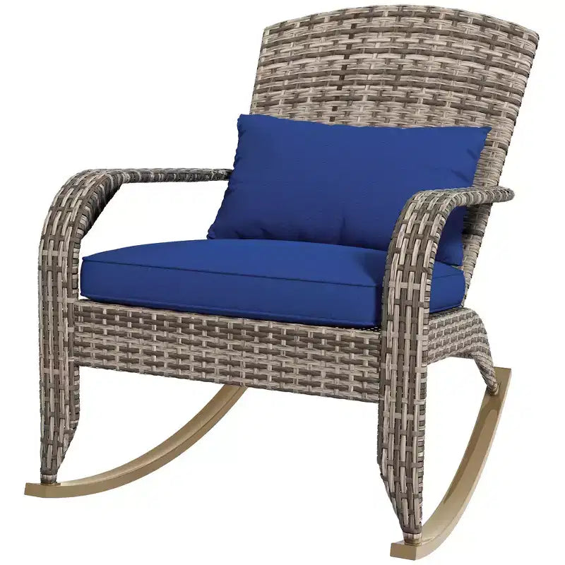Sedia a dondolo Adirondack in vimini da esterno Outsunny, sedia a dondolo da patio in rattan con schienale alto, cuscino del sedile e cuscino per portico, balcone