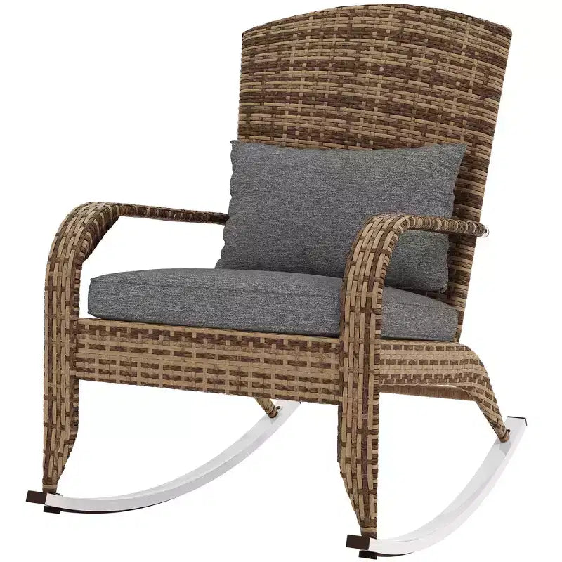Sedia a dondolo Adirondack in vimini da esterno Outsunny, sedia a dondolo da patio in rattan con schienale alto, cuscino del sedile e cuscino per portico, balcone
