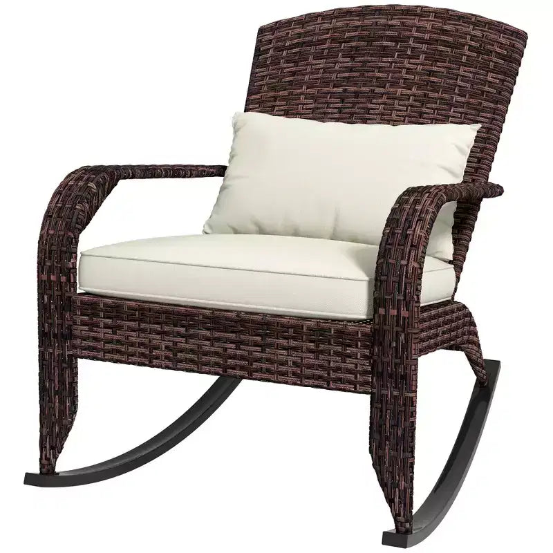 Sedia a dondolo Adirondack in vimini da esterno Outsunny, sedia a dondolo da patio in rattan con schienale alto, cuscino del sedile e cuscino per portico, balcone