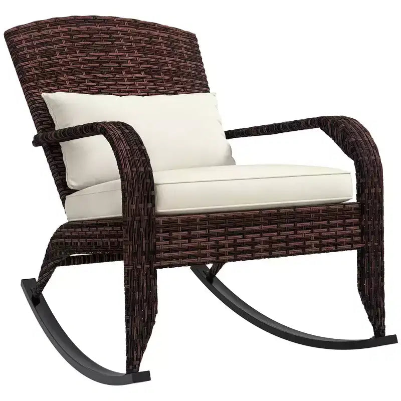 Outsunny Outdoor Wicker Adirondack Rocking Chair, Patio Rattan Rocker Chair with High Back, Seat Cushion and Pillow for Porch, Balcony