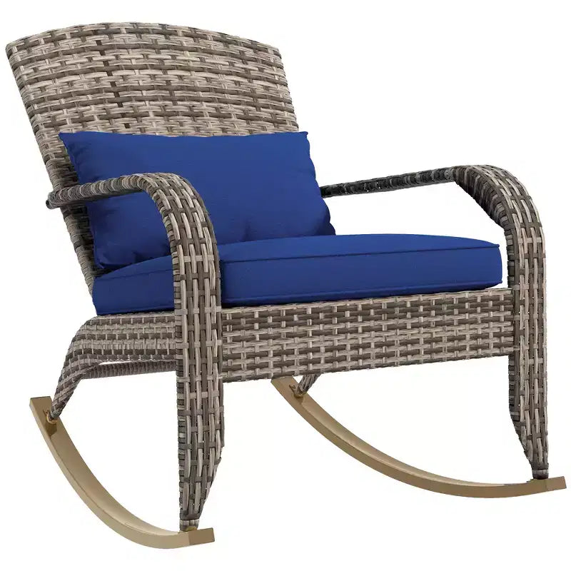 Sedia a dondolo Adirondack in vimini da esterno Outsunny, sedia a dondolo da patio in rattan con schienale alto, cuscino del sedile e cuscino per portico, balcone