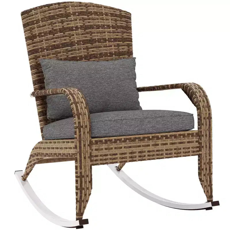 Sedia a dondolo Adirondack in vimini da esterno Outsunny, sedia a dondolo da patio in rattan con schienale alto, cuscino del sedile e cuscino per portico, balcone