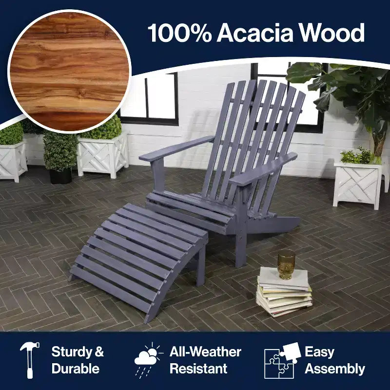 Sedia Adirondack tradizionale rustica Saranac in legno di acacia a 2 pezzi con poggiapiedi staccabile - JONATHAN Y