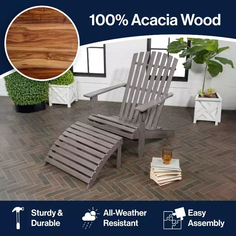 Sedia Adirondack tradizionale rustica Saranac in legno di acacia a 2 pezzi con poggiapiedi staccabile - JONATHAN Y
