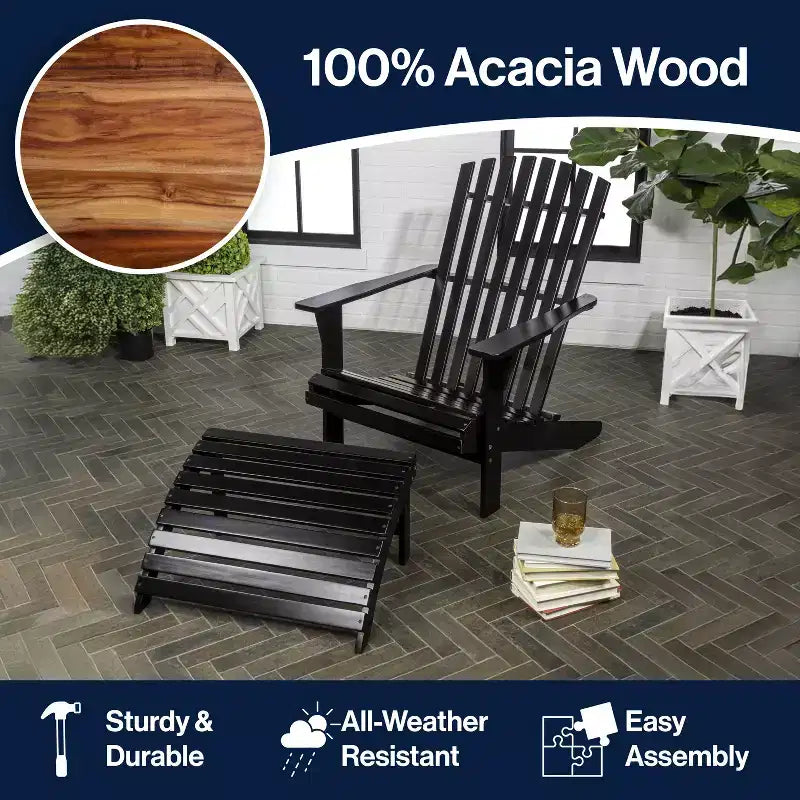 Sedia Adirondack tradizionale rustica Saranac in legno di acacia a 2 pezzi con poggiapiedi staccabile - JONATHAN Y