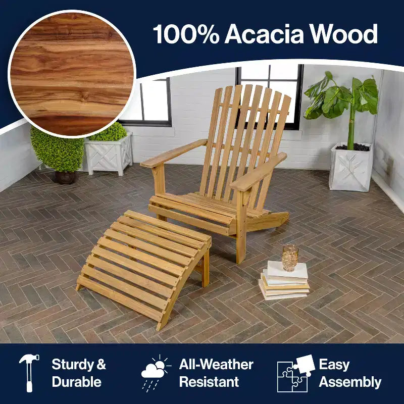 Sedia Adirondack tradizionale rustica Saranac in legno di acacia a 2 pezzi con poggiapiedi staccabile - JONATHAN Y