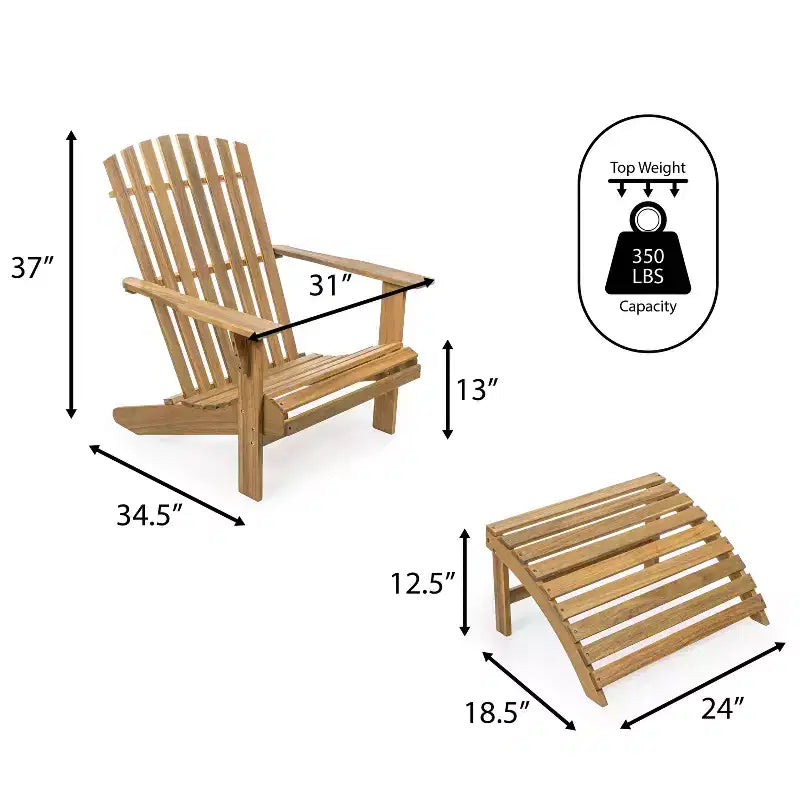 Sedia Adirondack tradizionale rustica Saranac in legno di acacia a 2 pezzi con poggiapiedi staccabile - JONATHAN Y