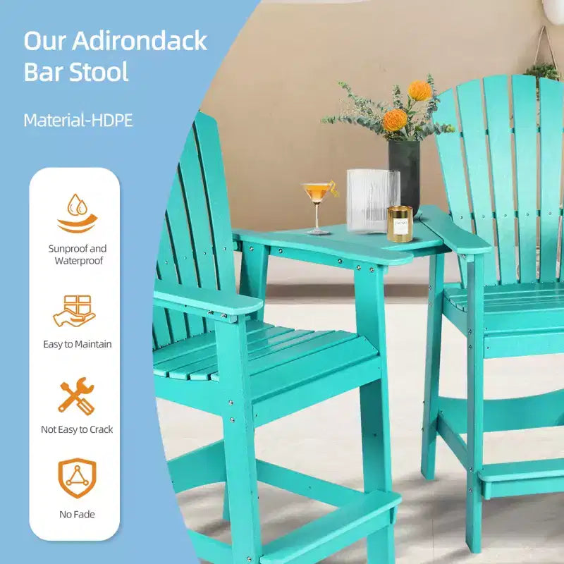 Aoodor Sedie Adirondack Alte Set da 2, Sgabello da Bar per Patio in HDPE con Vassoio Connettore, Sedia da Balcone per Tutte le Stagioni