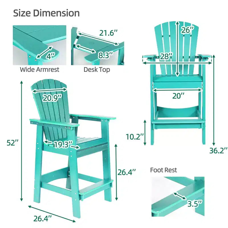 Aoodor Sedie Adirondack Alte Set da 2, Sgabello da Bar per Patio in HDPE con Vassoio Connettore, Sedia da Balcone per Tutte le Stagioni