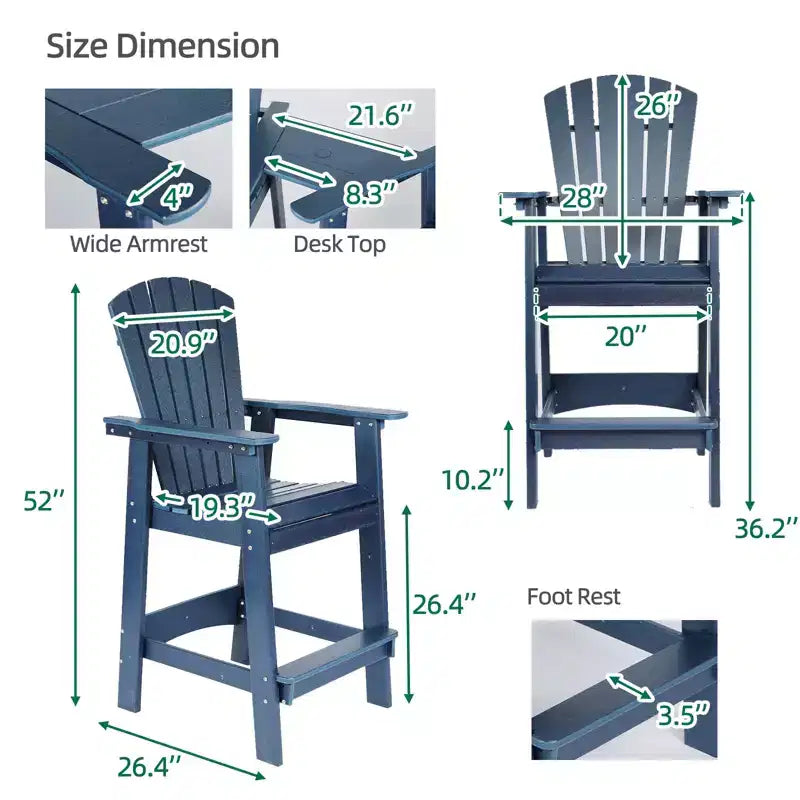 Aoodor Sedie Adirondack Alte Set da 2, Sgabello da Bar per Patio in HDPE con Vassoio Connettore, Sedia da Balcone per Tutte le Stagioni