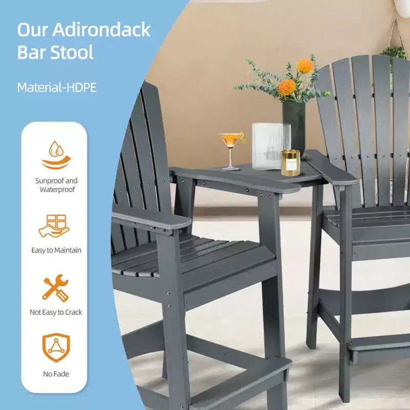 Aoodor Sedie Adirondack Alte Set da 2, Sgabello da Bar per Patio in HDPE con Vassoio Connettore, Sedia da Balcone per Tutte le Stagioni