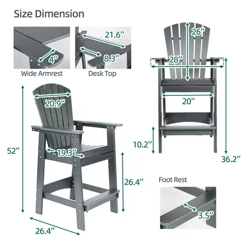 Aoodor Sedie Adirondack Alte Set da 2, Sgabello da Bar per Patio in HDPE con Vassoio Connettore, Sedia da Balcone per Tutte le Stagioni