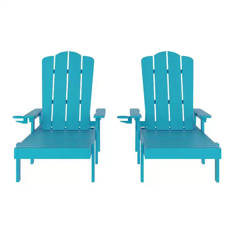 Emma and Oliver Set of 2 Recycled HDPE Adjustable Adirondack Loungers with Fold Out Cupholders for Indoor/Outdoor Use