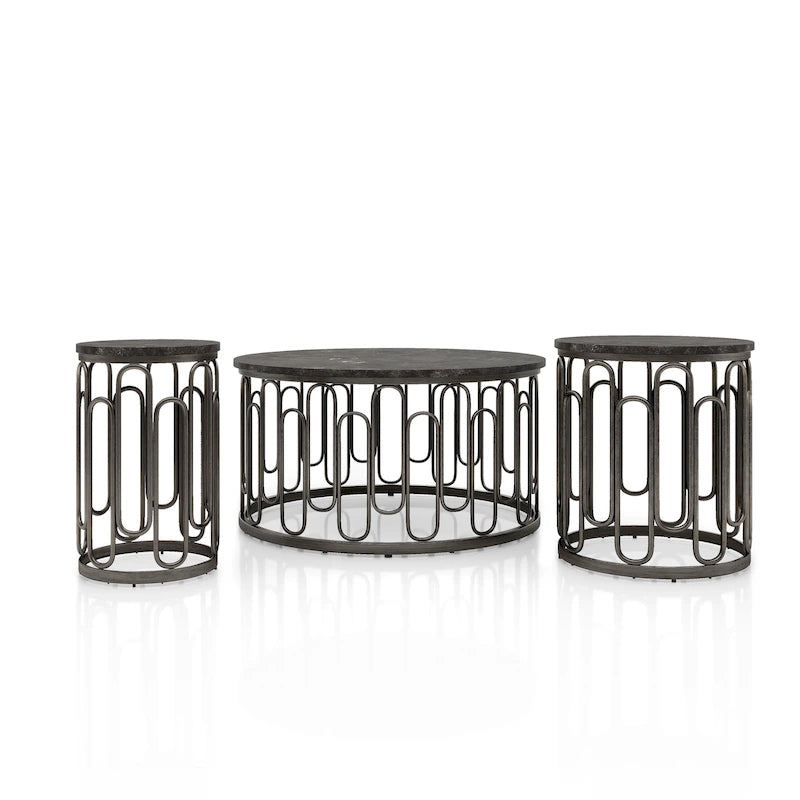 Set da 3 pezzi Lars Modern con tavolo rotondo, ripiano in marmo, robusta base decorativa in metallo di Furniture of America
