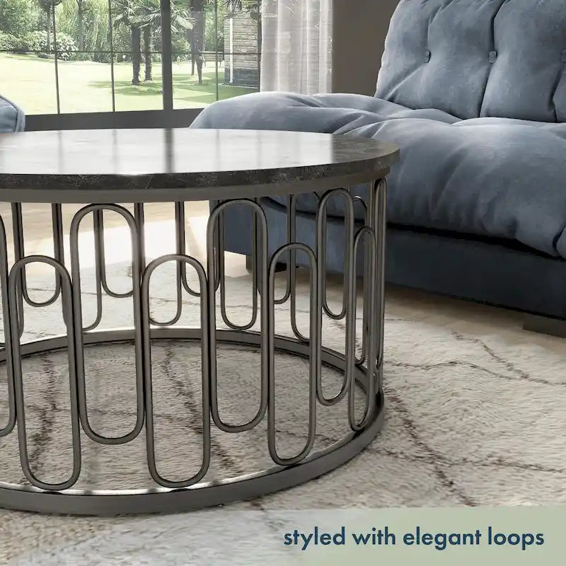 Set da 3 pezzi Lars Modern con tavolo rotondo, ripiano in marmo, robusta base decorativa in metallo di Furniture of America