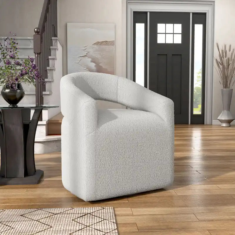 Poltrona tonda a botte Celeste Modern Boucle, schienale aperto e bracciolo curvo, poltrona girevole di Furniture of America