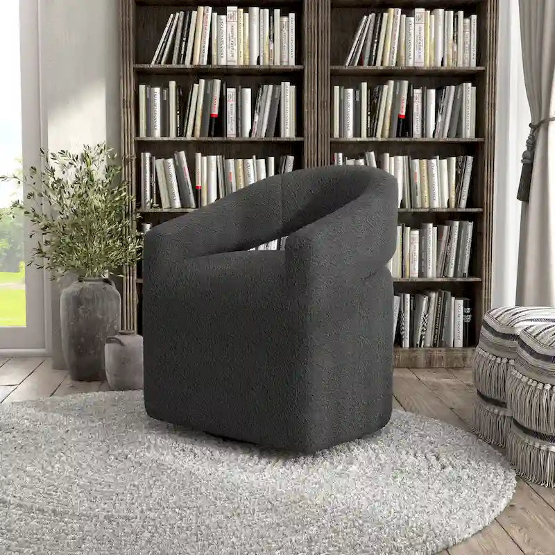 Poltrona tonda a botte Celeste Modern Boucle, schienale aperto e bracciolo curvo, poltrona girevole di Furniture of America