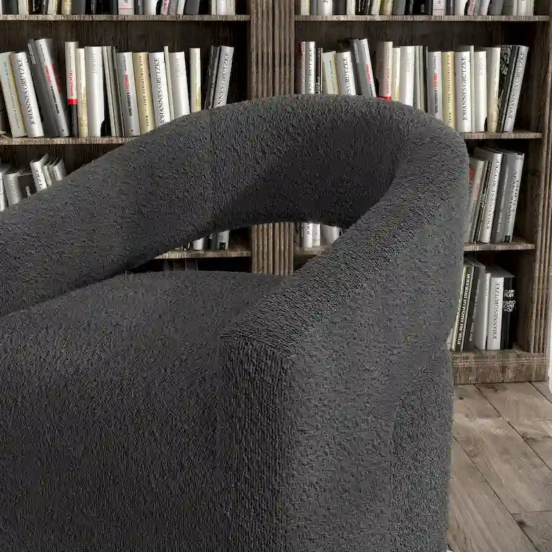 Poltrona tonda a botte Celeste Modern Boucle, schienale aperto e bracciolo curvo, poltrona girevole di Furniture of America